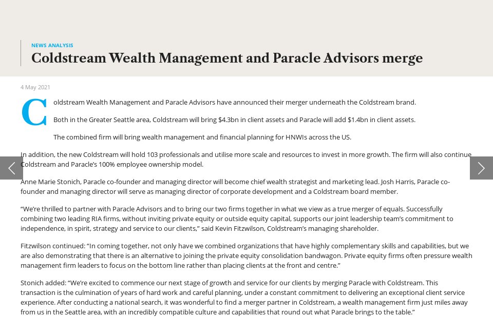 Coldstream Wealth Management and Paracle Advisors merge PBI